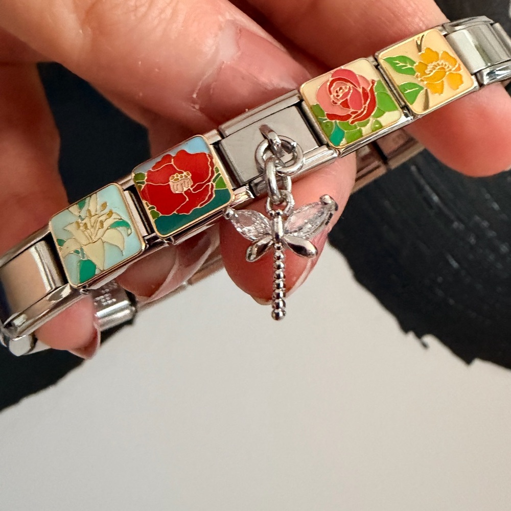 Garden Bloom Italian Charm Bracelet with Dragonfly Dangle – Floral Enamel - Picture 5 of 6
